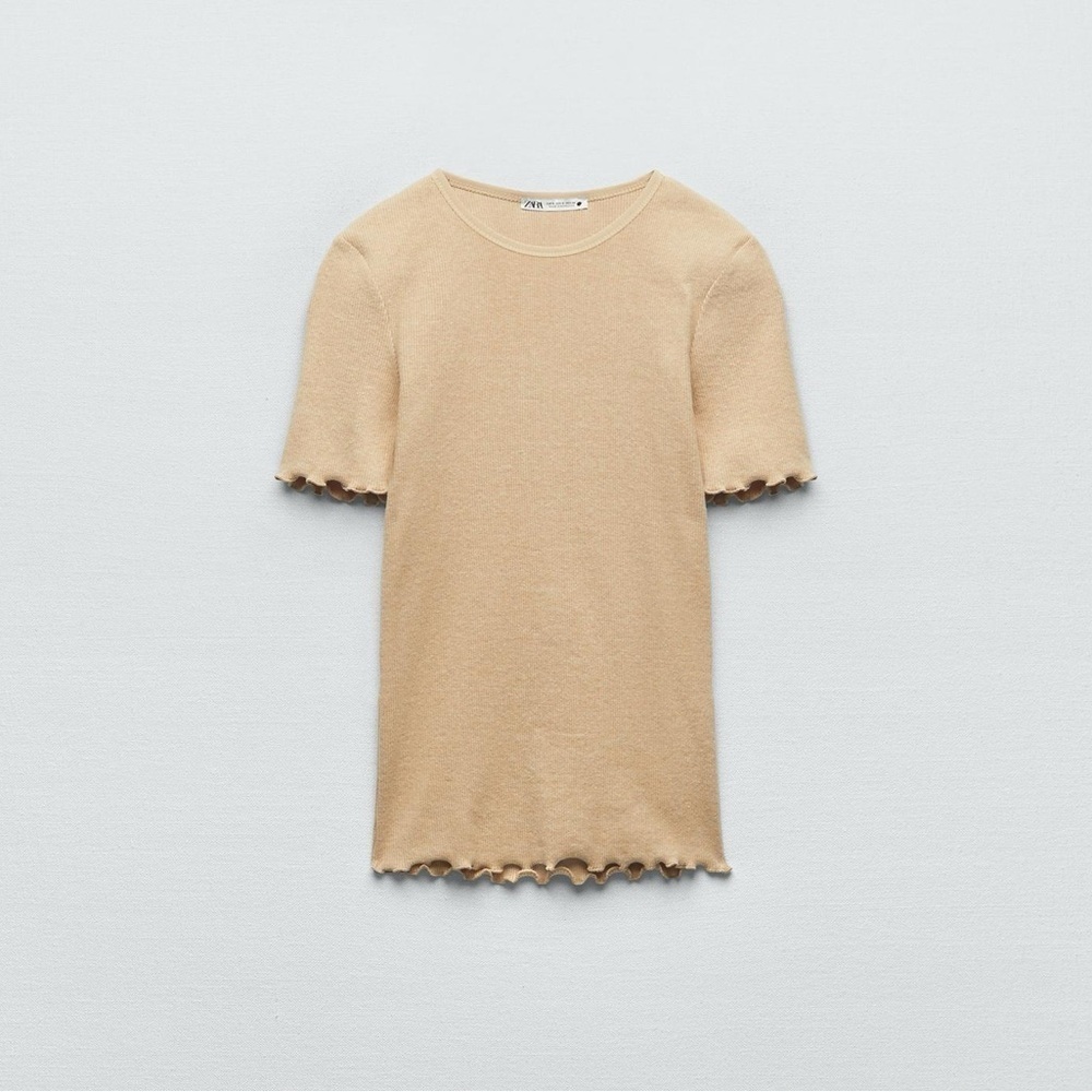 Zara Women’s Soft Rib T-Shirt Crew Neck Beige Sz S